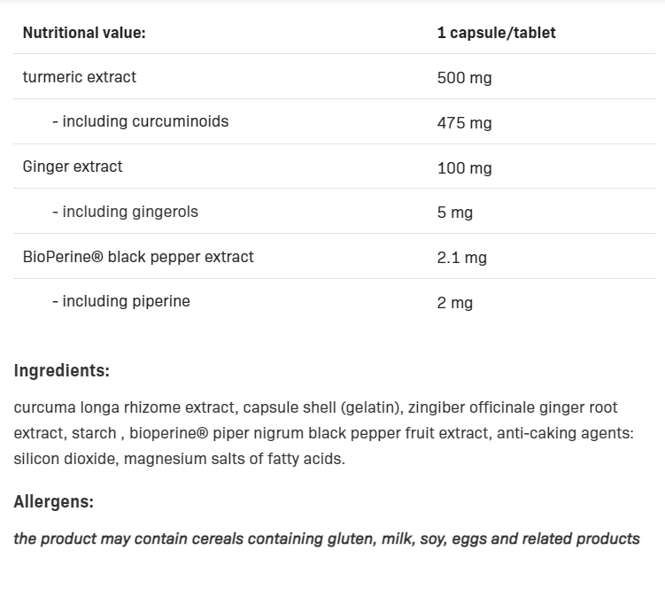 Continutul: Allnutrition Curcumin + Ginger + Piperine