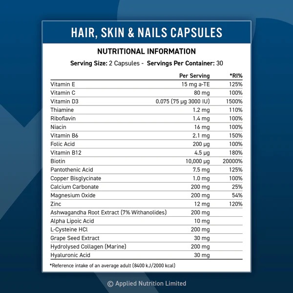 Continutul: Applied Nutrition Hair, Skin & Nails - Vitamine pentru păr, piele și unghii