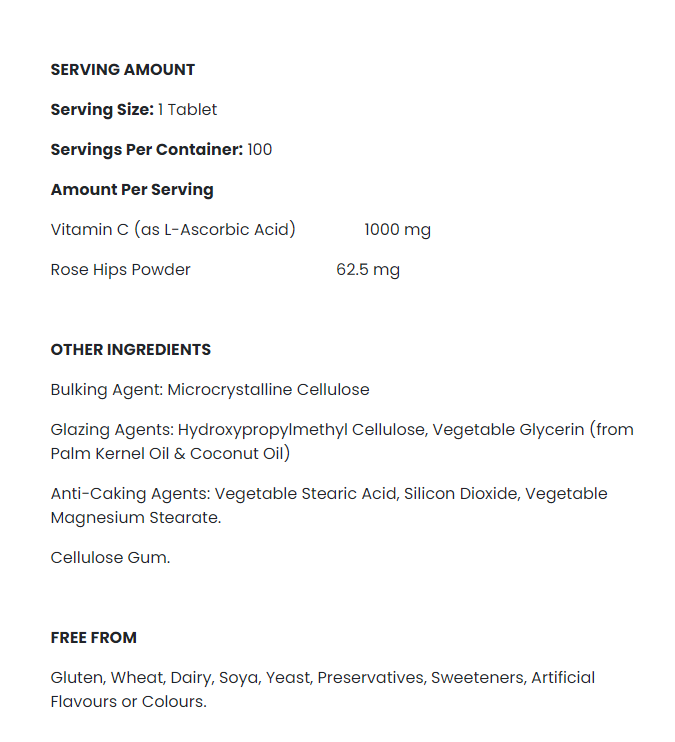 Continutul: Applied Nutrition Vitamin C 1000mg with Rose Hips