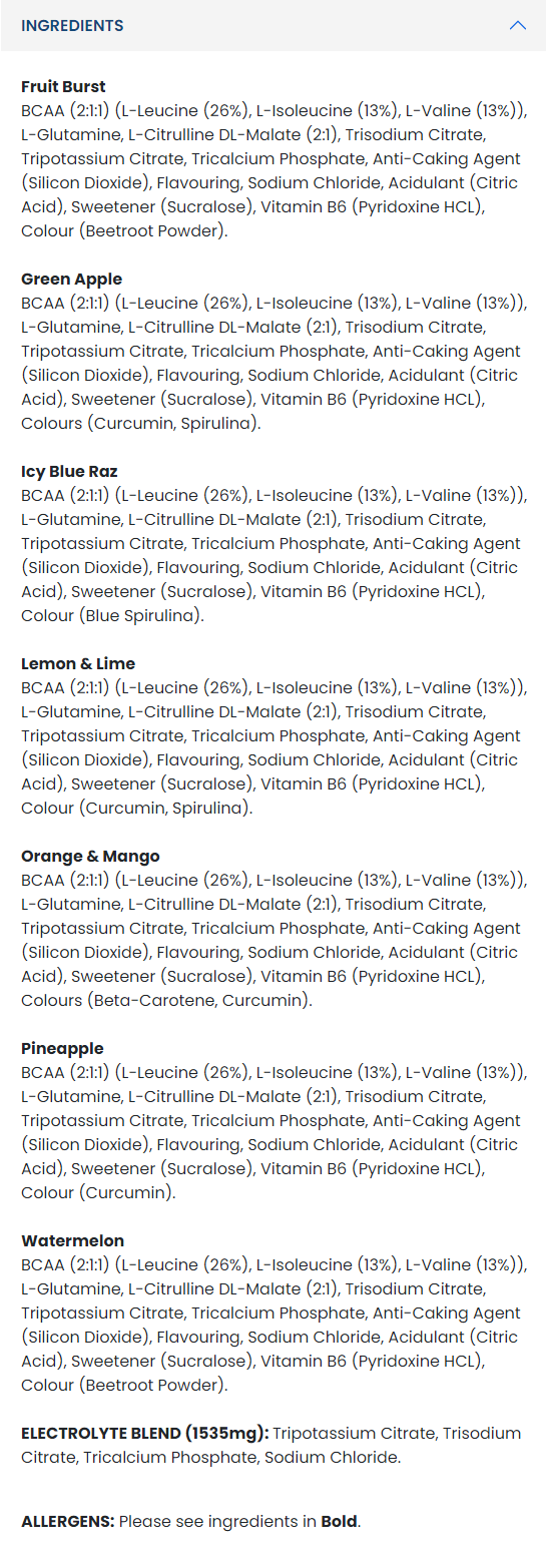 Continutul: Applied Nutrition BCAA Amino-Hydrate 2