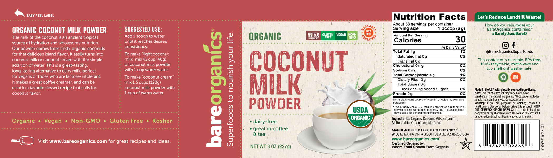 Continutul - BareOrganics Coconut Milk Powder