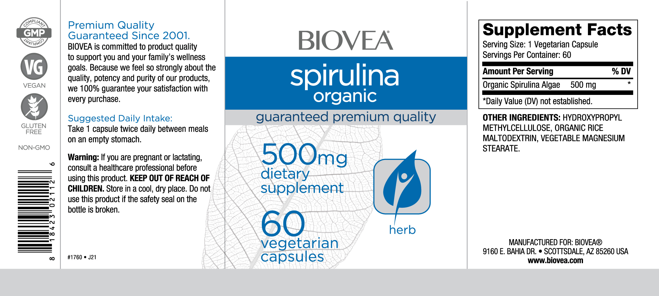 Continutul - Biovea Spirulina Organic 500mg 60 caps
