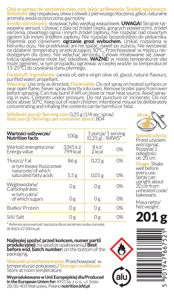 KFD Cooking Spray - Butter - Supplement facts