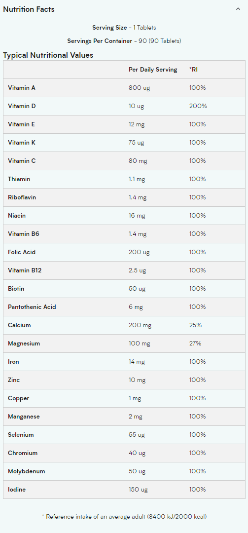 Continutul - Myprotein A-Z Multivitamin 90 tabs